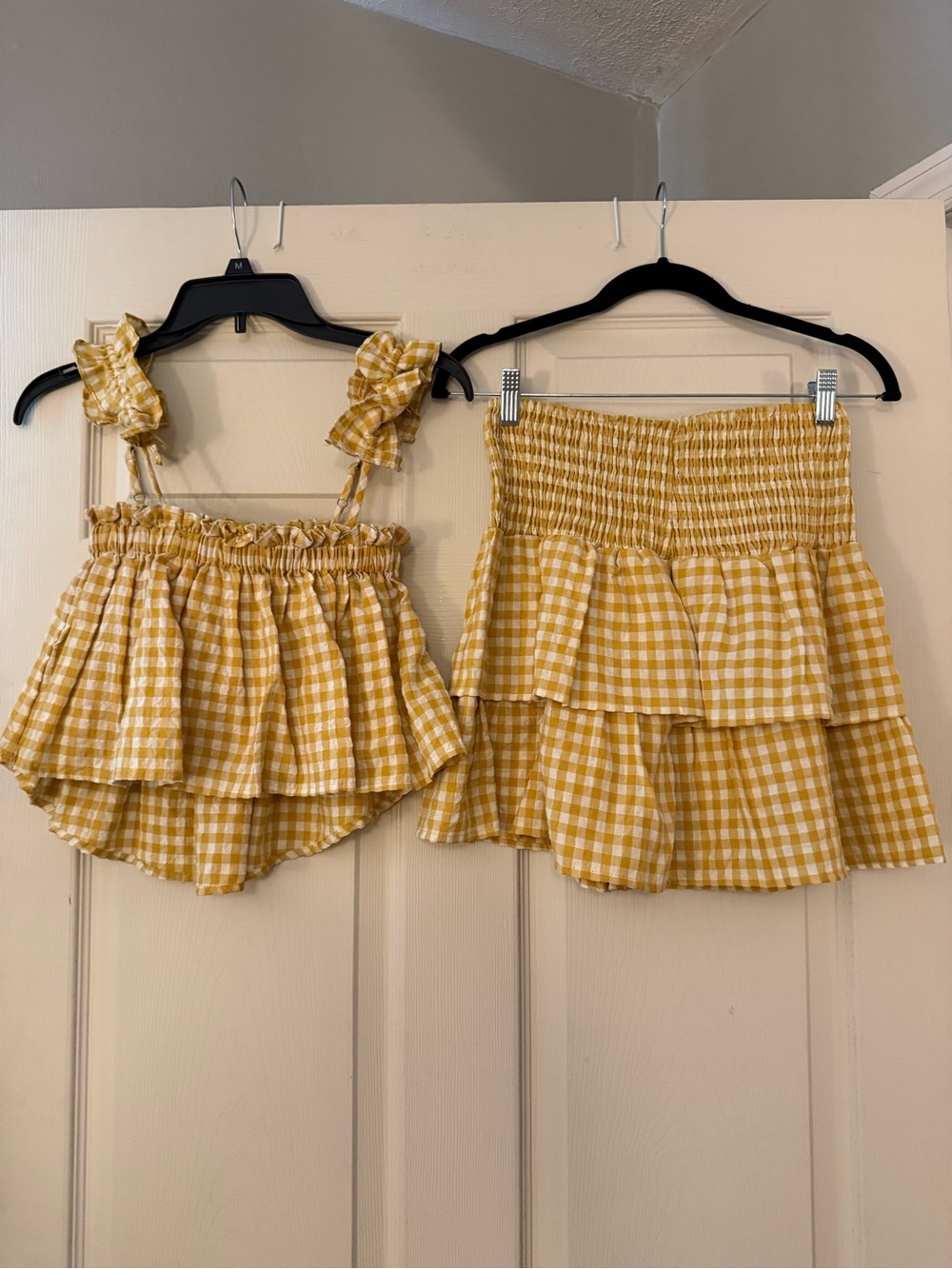 Mable Yellow Gingham Matching Set | Tie Strap Top & Tiered Mini Skirt | Medium